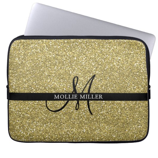 Trendy Metallic Glitzer Gold Light Mit Monogramm Laptopschutzhülle (Vorderseite)