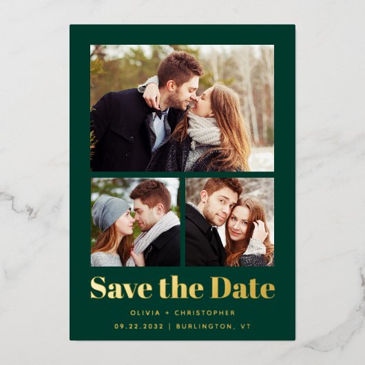 Trendy Minimal 3-Foto Green Gold Save the Date Folieneinladung (Vorderseite)