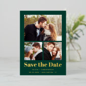 Trendy Minimal 3-Foto Green Gold Save the Date Folieneinladung (Stehend vorne)