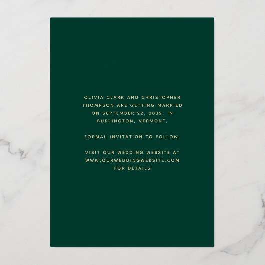 Trendy Minimal 3-Foto Green Gold Save the Date Folieneinladung (Rückseite)