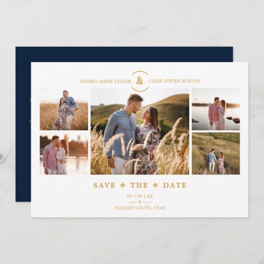 Trendy Minimal Navy/White 5 Multi Photos Collage Save The Date (Vorne/Hinten)