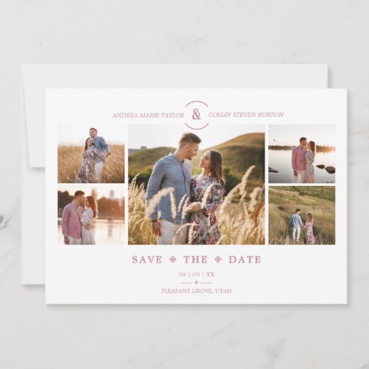 Trendy Minimal Pink/White 5 Multi Photos Collage Save The Date (Vorderseite)