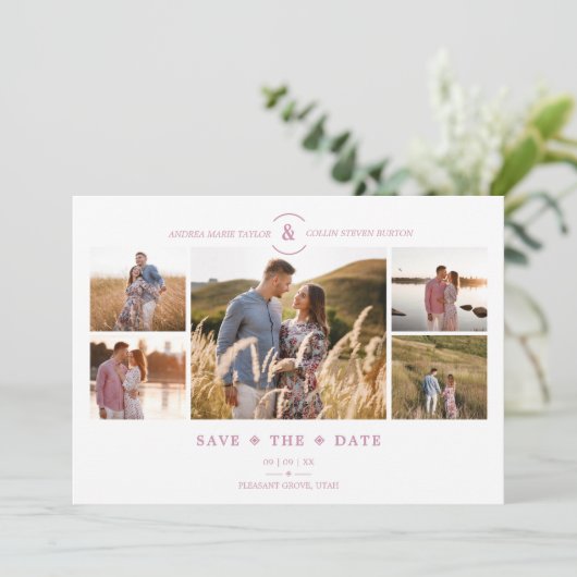 Trendy Minimal Pink/White 5 Multi Photos Collage Save The Date (Stehend Vorderseite)