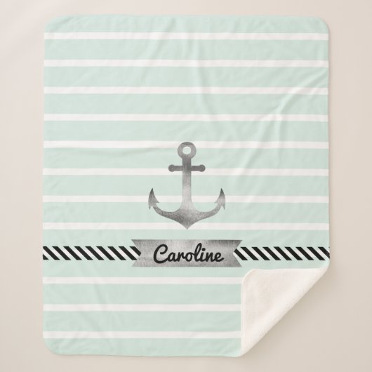 Trendy Mint Green Stripes und Aquarellanschor Sherpadecke (Vorderseite)