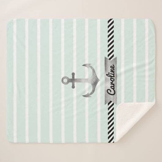 Trendy Mint Green Stripes und Aquarellanschor Sherpadecke (Vorderseite (Horizontal))
