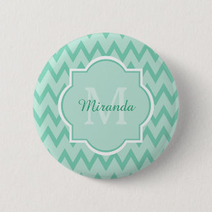 Trendy Mint Green Zickzack Zigzag Name und Monogra Button