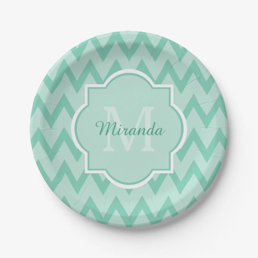 Trendy Mint Green Zickzack Zigzag Name und Monogra Pappteller (Vorderseite)