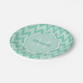 Trendy Mint Green Zickzack Zigzag Name und Monogra Pappteller (Schrägansicht)