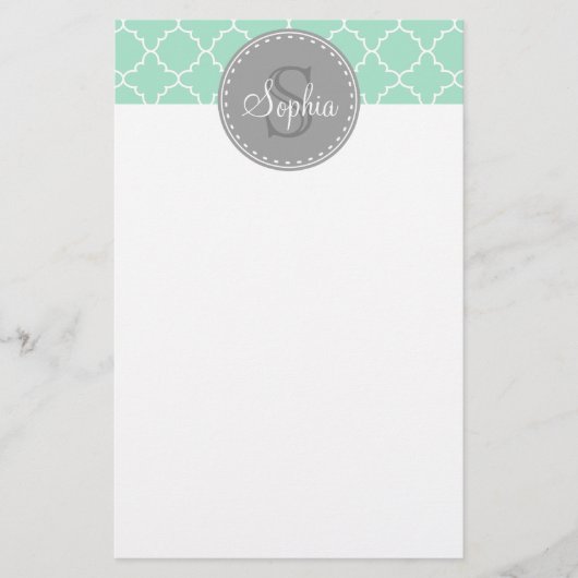 Trendy Mint Trellis Pattern Gray Monogram Briefpapier (Vorderseite)