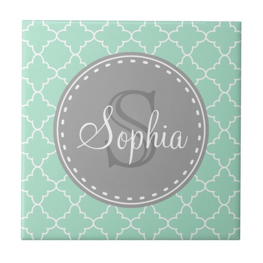 Trendy Mint Trellis Pattern Gray Monogram Fliese (Vorderseite)