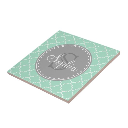 Trendy Mint Trellis Pattern Gray Monogram Fliese (Seite)