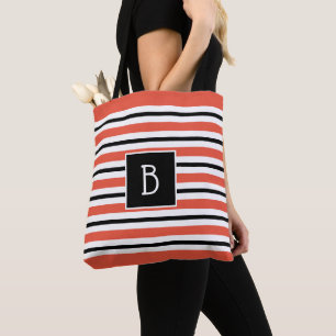 Trendy Mit Monogramm Orange Red Black & White Stri Tasche