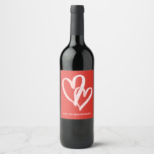 Trendy Mit Monogramm Red Hearts Weinetikett (Vorderseite)