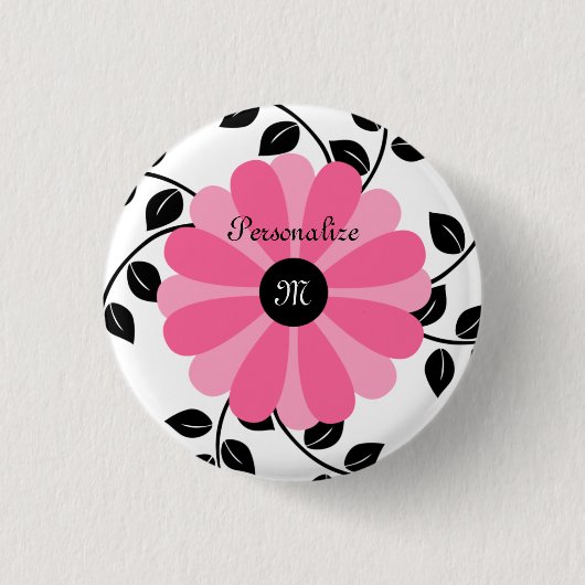 Trendy mit Monogramm rosa und schwarze Blume mit Button (Vorderseite)