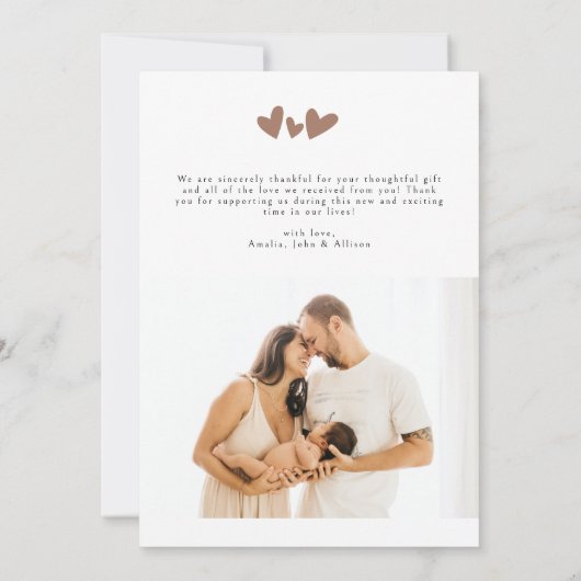 Trendy Mocha Hearts 2 Foto Moderne Babydusche Dankeskarte (Rückseite)