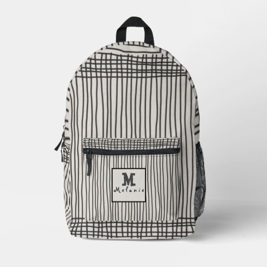 Trendy modern art lines black and white Monogram  Bedruckter Rucksack (Vorderseite)