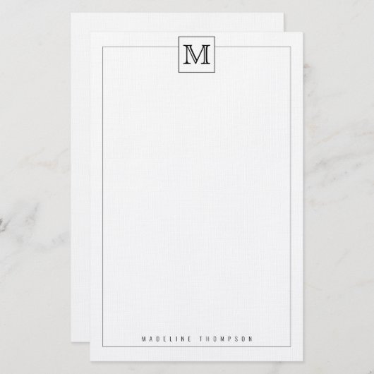 Trendy Modern Basic Initial Monogram Square Grenze Briefpapier (Vorne/Hinten)