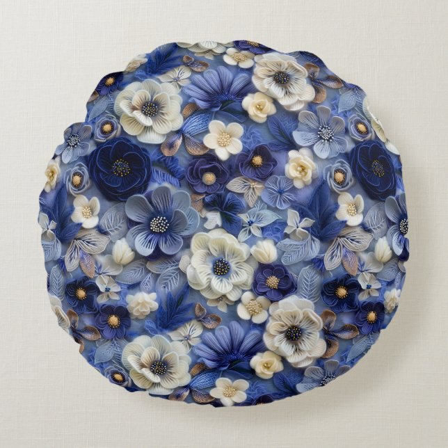 Trendy Modern Blue White 3D Floral Muster Rundes Kissen (Vorderseite)