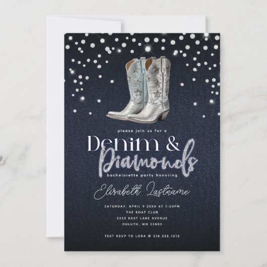 Trendy Modern Denim Diamonds Bachelorette Party Einladung (Vorderseite)