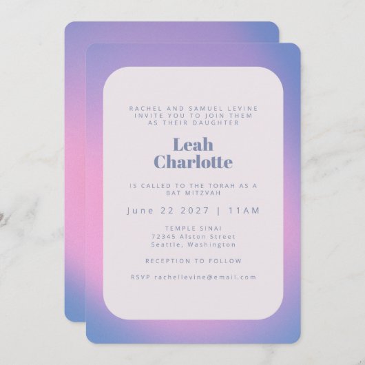 Trendy Modern Gradient Lavender Lila Bat Mitzvah Einladung (Vorne/Hinten)