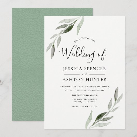 Trendy Modern Green Leaf Wedding Einladung (Vorne/Hinten)