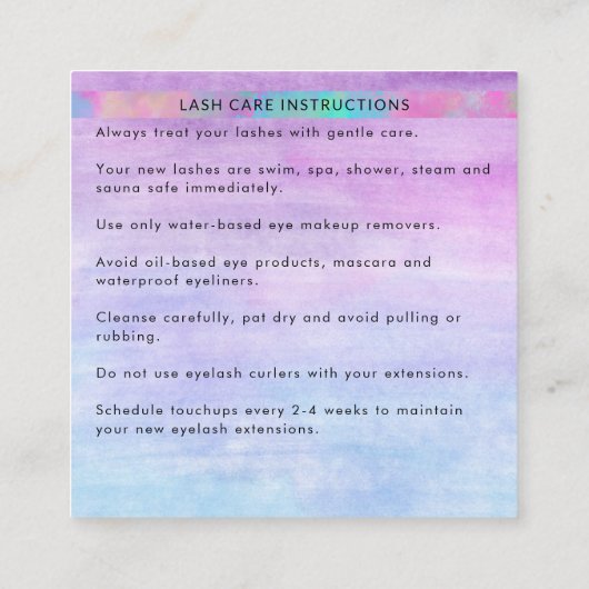 Trendy Modern Iridescent Chic Danke Lash Care Quadratische Visitenkarte (Rückseite)