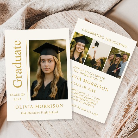 Trendy Modern Ivory Gold Photo Graduation Einladung