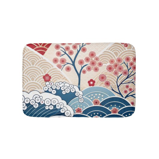 Trendy Modern Japanese Wave & Sakura Pattern Badematte (Vorderseite)