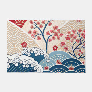 Trendy Modern Japanese Wave & Sakura Pattern  Fußmatte