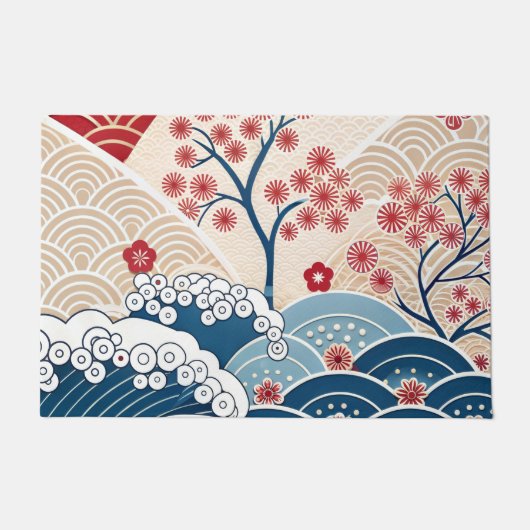 Trendy Modern Japanese Wave & Sakura Pattern Fußmatte (Vorderseite)