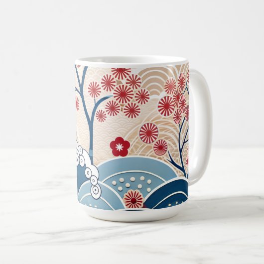 Trendy Modern Japanese Wave & Sakura Pattern  Kaffeetasse (VorderseiteRechts)