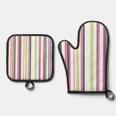 Trendy Modern New Pink Green White Stripes Ofenhandschuh & Topflappen-Set (Vorderseite)