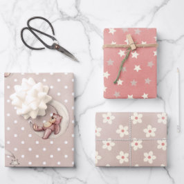 Trendy Modern Pastel Baby Bear Pink Taupe Niedlich Geschenkpapier Set