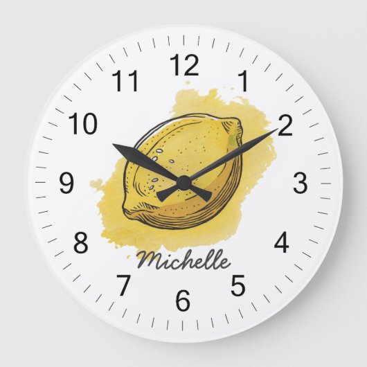 Trendy Modern Personalisiert Watercolor Yellow Lem Große Wanduhr (Vorderseite)