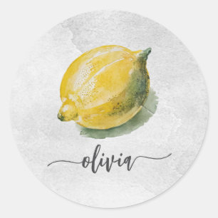 Trendy Modern Personalisiert Watercolor Yellow Lem Runder Aufkleber