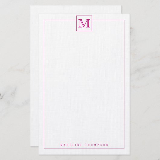 Trendy Modern Pink Initial Monogram Square Rand Briefpapier (Vorne/Hinten)