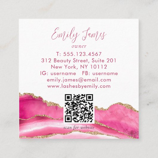 Trendy Modern Pink Script Agate QR Code Quadratische Visitenkarte (Rückseite)
