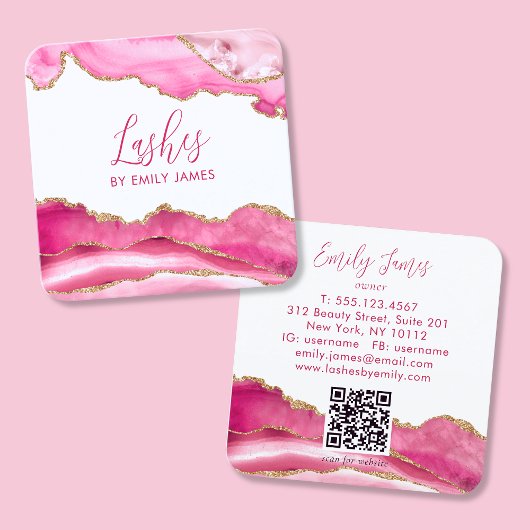 Trendy Modern Pink Script Agate QR Code Quadratische Visitenkarte