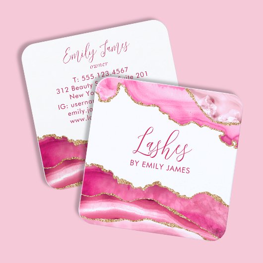 Trendy Modern Pink Script Agate QR Code Quadratische Visitenkarte