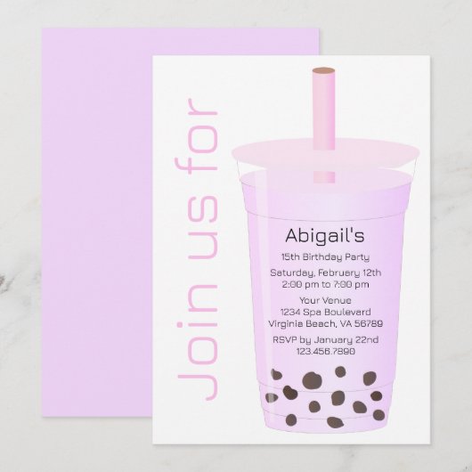 Trendy Modern Pink und Lavender Boba Tea Geburtsta Einladung (Vorne/Hinten)