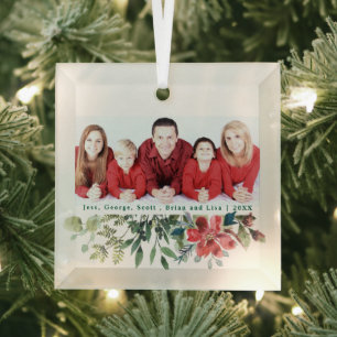 Trendy Modern Red Blume Winter Greenery Foto Ornament Aus Glas