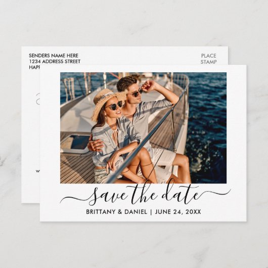 Trendy Modern Script Foto Save the Date Postkarte (Vorne/Hinten)