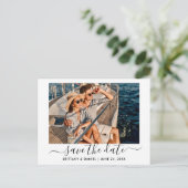Trendy Modern Script Foto Save the Date Postkarte (Stehend Vorderseite)