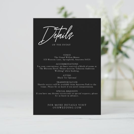 Trendy Modern Simple Black Wedding Details Begleitkarte (Stehend Vorderseite)