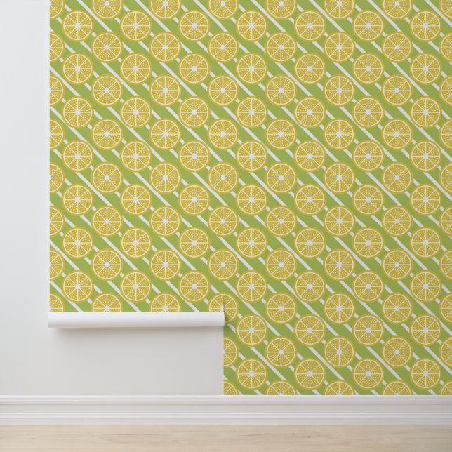 Trendy Modern Yellow Lemon Frucht Slice Green Tapete (Anwendung)