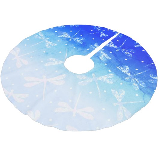 Trendy, moderne, blaue Omeletter und Libellen Polyester Weihnachtsbaumdecke (Schrägansicht)