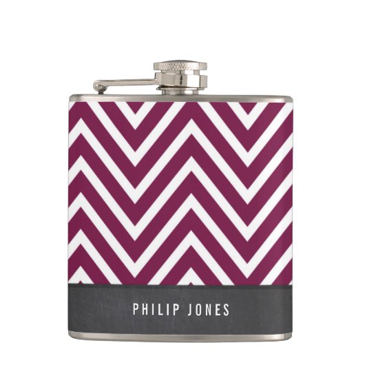 TRENDY Modernes Zickzack Muster Graumaroon Pflaume Flachmann (Vorderseite)