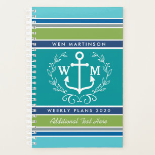 Trendy Monogram Anchor Laurel Wreath Stripes Aqua Planer