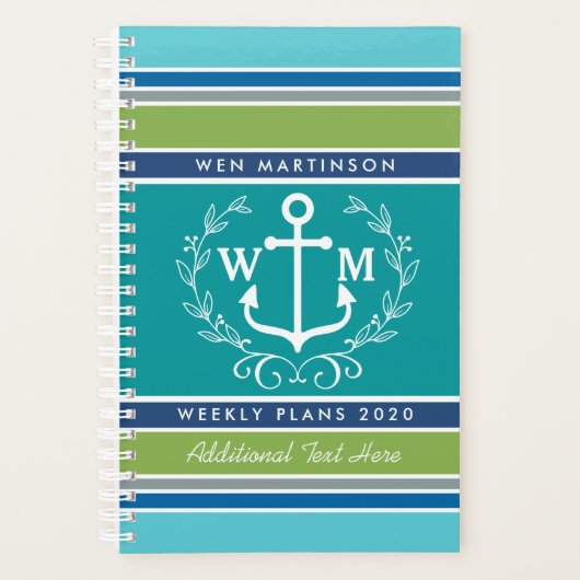 Trendy Monogram Anchor Laurel Wreath Stripes Aqua Planer (Vorderseite)