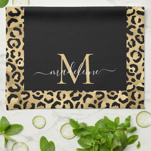 Trendy Monogram Black Gold Animal Print Geschirrtuch (Gefaltet)